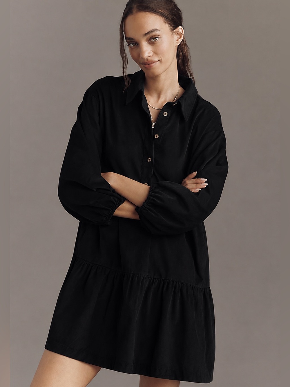 Maeve Bettina Corduroy Mini Shirt Dress XS Black Tiered Collared Anthropologie